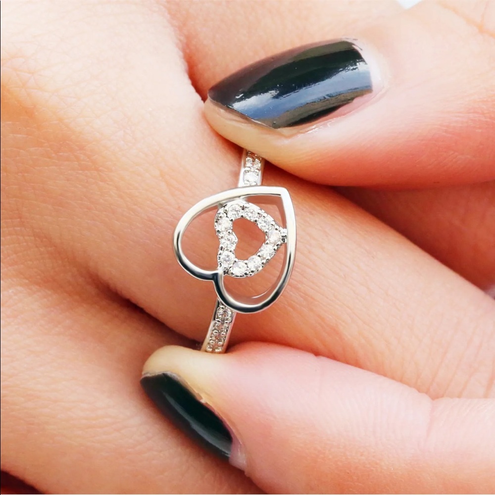 New Cute Heart Shape 925 Silver Diamond Ring - Picture 4 of 4